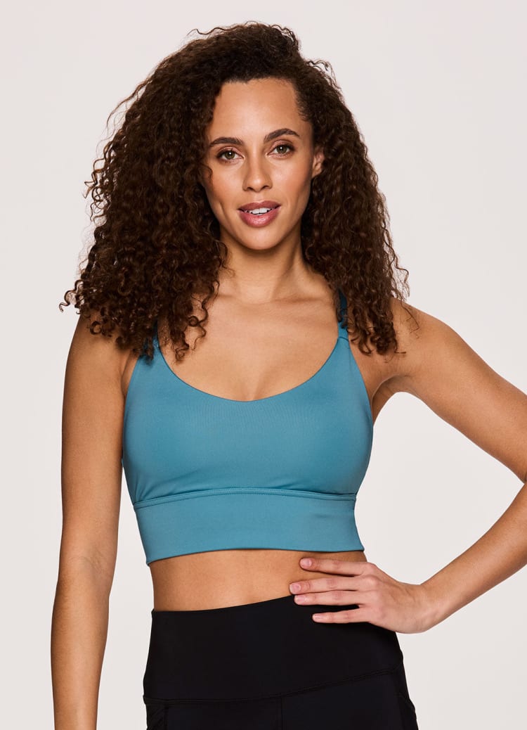 RBX Active Printed Bra Top for Women, Dual Design Super Soft Low Impact  Sports Bra Fitted Cropped Tank Top with Built-in Bra for Workout Set Blue  Brushed Weave XS at  Women's